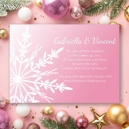 Pink White Snowflake Winter Wedding Save the Date Kaart