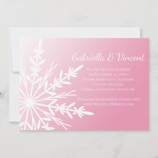 Pink White Snowflake Winter Wedding Save the Date Kaart (Voorkant)