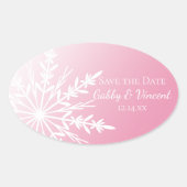Pink White Snowflake Winter Wedding Save the Date Ovale Sticker (Voorkant)