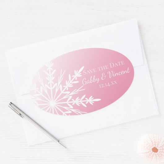 Pink White Snowflake Winter Wedding Save the Date Ovale Sticker (Envelop)