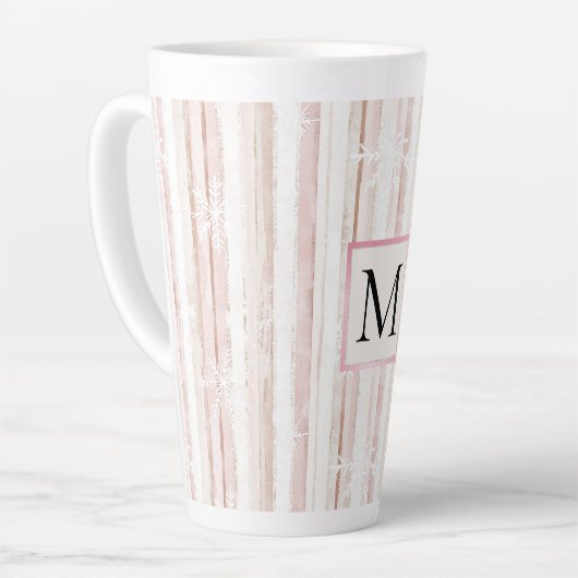 Pink White Snowflakes Stripes Monogram Latte Mok (Linkerhoek)