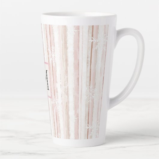 Pink White Snowflakes Stripes Monogram Latte Mok (Rechts)
