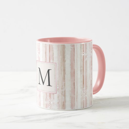 Pink White Snowflakes Stripes Monogram Mok (Voorkant rechts)