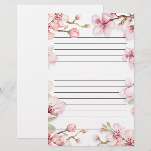 Pink White Spring Floral Lined Briefpapier (Voorkant / Achterkant)