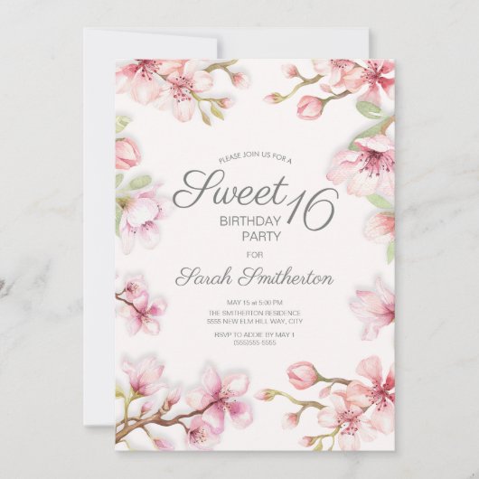 Pink White Springtime Floral Sweet 16 Birthday Kaart (Voorkant)