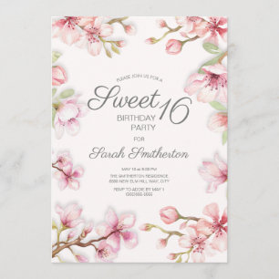 Pink White Springtime Floral Sweet 16 Birthday Kaart