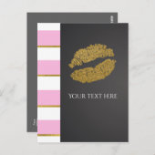 Pink & White Stripe Faux Gold Shimmer Lips Event Briefkaart (Voorkant / Achterkant)