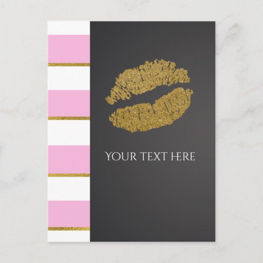 Pink & White Stripe Faux Gold Shimmer Lips Event Briefkaart (Voorkant)