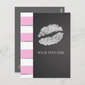 Pink & White Stripe Faux Silver Shimmer Lips Event Briefkaart (Voorkant / Achterkant)