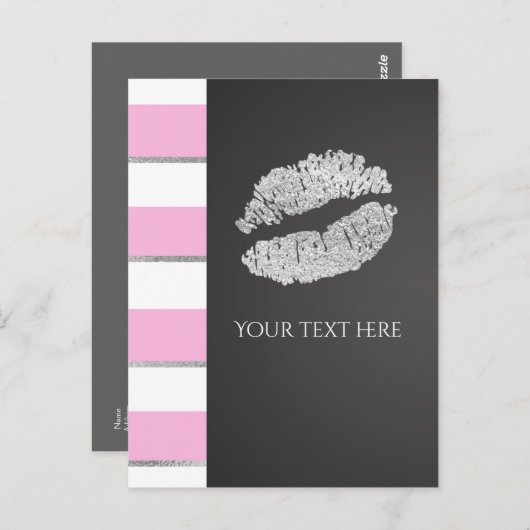 Pink & White Stripe Faux Silver Shimmer Lips Event Briefkaart (Voorkant / Achterkant)