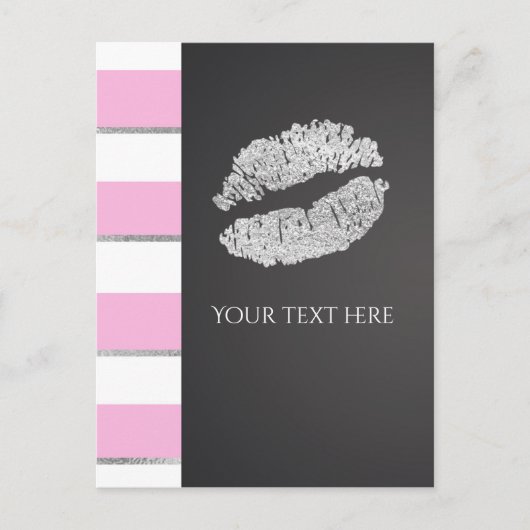 Pink & White Stripe Faux Silver Shimmer Lips Event Briefkaart (Voorkant)