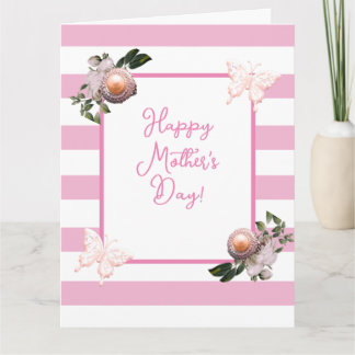 Pink & White Stripe Floral Pearl Mother's Day Kaart