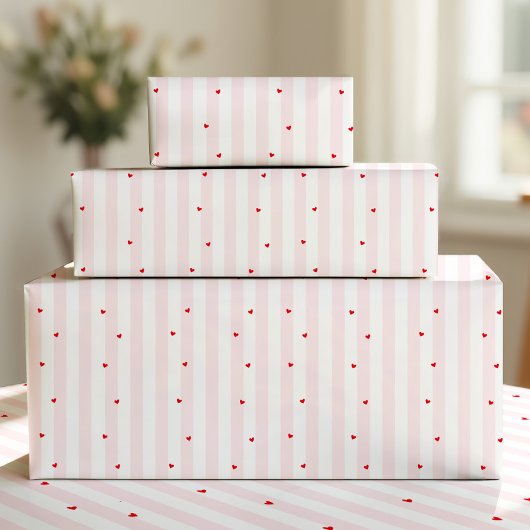Pink White Stripes + Hearts Wrapping Paper Cadeaupapier