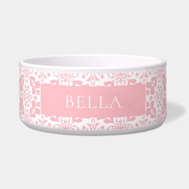 Pink White Tile Pattern Elegant Personalized Pet Voerbakje (Voorkant)