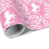 Pink & White Unicorn Floral Leaf Pattern Cadeaupapier (Rol Hoek)