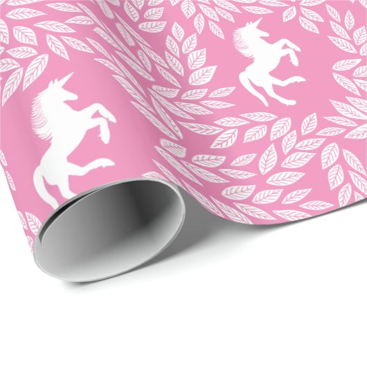 Pink & White Unicorn Floral Leaf Pattern Cadeaupapier (Rol Hoek)