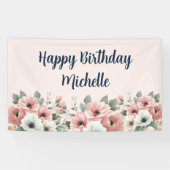  Pink White Watercolor Floral Happy Birthday  Spandoek (Horizontaal)
