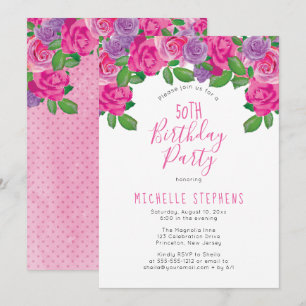 Pink White Waterverf Floral 50th Birthday Party Kaart