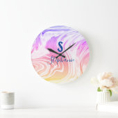 Pink White Wave Abstract Girly Monogram Gift Favor Grote Klok (Huis)