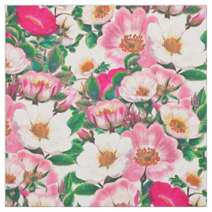 Pink & White Wild Roos Flowers Patroon Stof