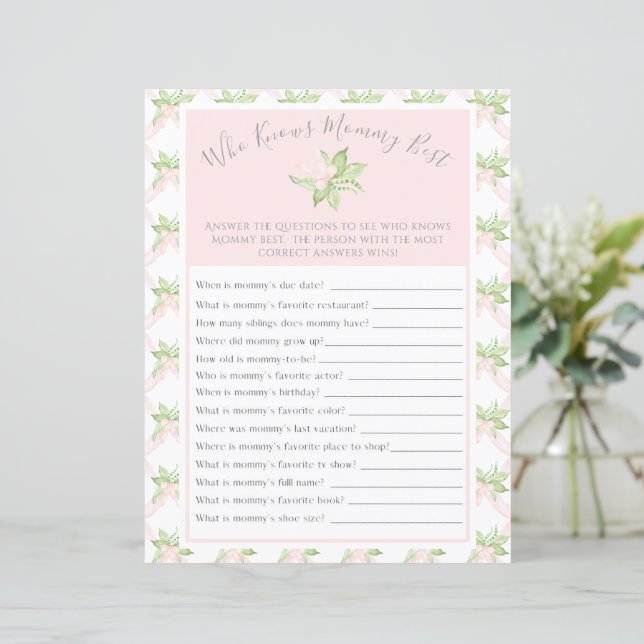 Pink Who Knows Mommy Best Baby Shower Game (Staand voorkant)