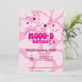 Pink Who's in the MOOO-D Cow Print 1st Birthday Kaart (Staand voorkant)