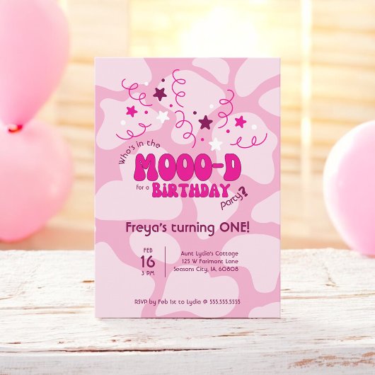 Pink Who's in the MOOO-D Cow Print 1st Birthday Kaart