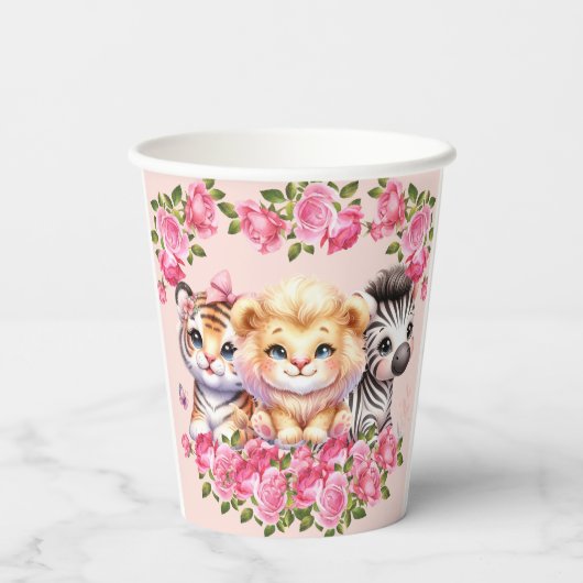Pink WIld Animal Girl's Baby shower Uitnodiging Papieren Bekers (Achterkant)