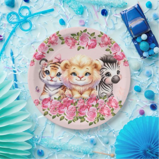 Pink WIld Animal Girl's Baby shower Uitnodiging Papieren Bordje (Feest)