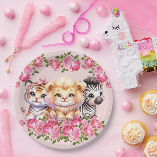 Pink WIld Animal Girl's Baby shower Uitnodiging Papieren Bordje (Feest)