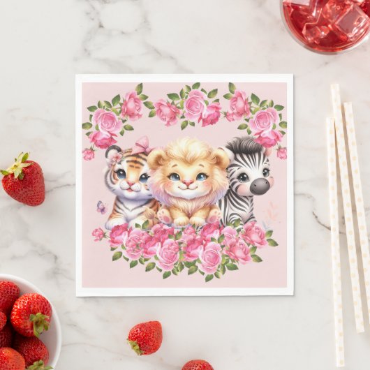 Pink WIld Animal Girl's Baby shower Uitnodiging Servet (Insitu)