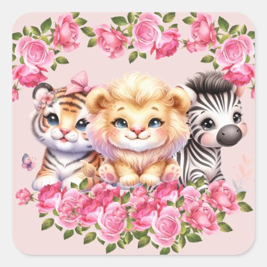 Pink WIld Animal Girl's Baby shower Uitnodiging Vierkante Sticker (Voorkant)