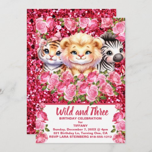 Pink Wild en het verjaardagsfeestje van 3 jaar oud Kaart (Voorkant / Achterkant)