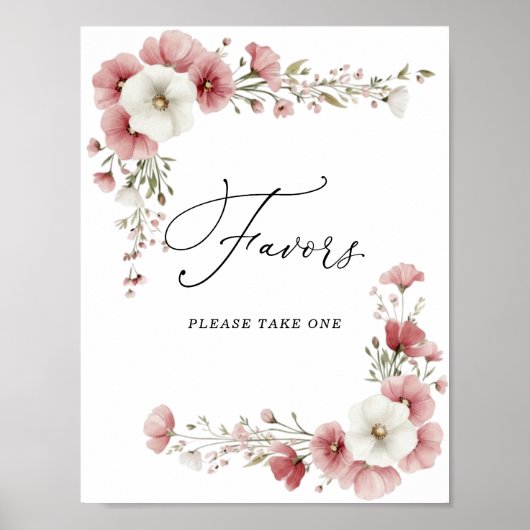 Pink Wild Flowers Bridal Shower Favors Sign Poster (Voorkant)