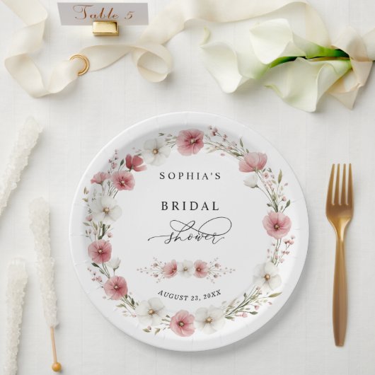 Pink Wild Flowers Bridal Shower Papieren Bordje (Huwelijk)
