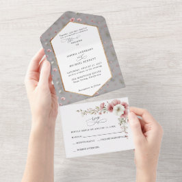 Pink Wild Flowers Wedding   All In One Uitnodiging