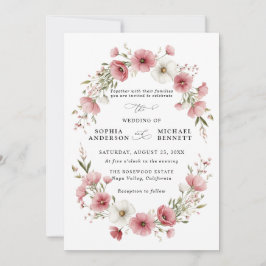 Pink Wild Flowers Wedding Invitation Kaart