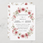 Pink Wild Flowers Wedding Invitation Kaart (Voorkant / Achterkant)