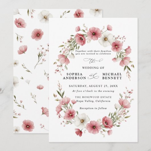 Pink Wild Flowers Wedding Invitation Kaart (Voorkant / Achterkant)