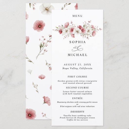 Pink Wild Flowers Wedding Menu (Voorkant / Achterkant)
