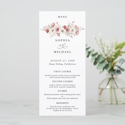 Pink Wild Flowers Wedding Menu (Staand voorkant)