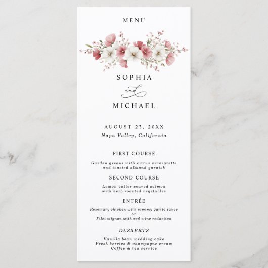 Pink Wild Flowers Wedding Menu (Voorkant)