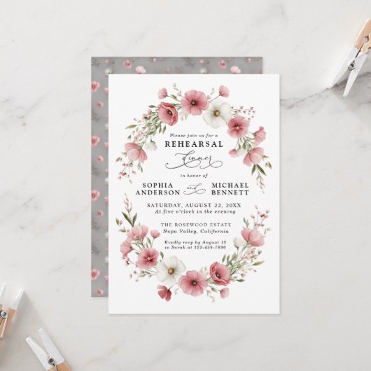 Pink Wild Flowers Wedding Rehearsal Dinner Kaart (Voorkant / Achterkant in situ)