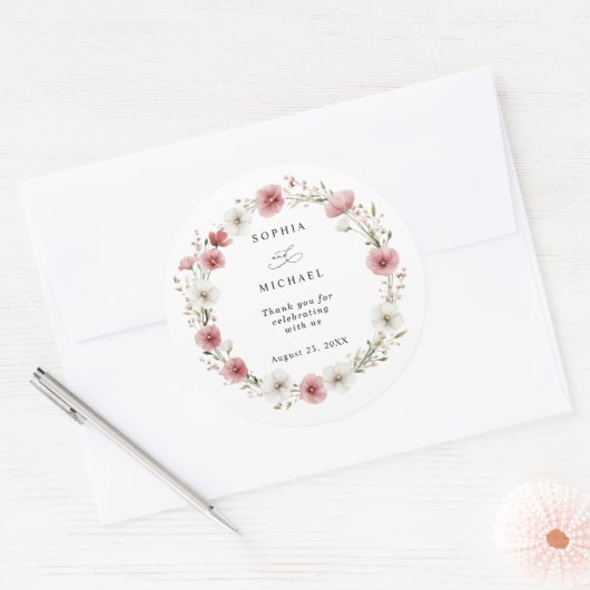 Pink Wild Flowers Wedding Sticker (Envelop)
