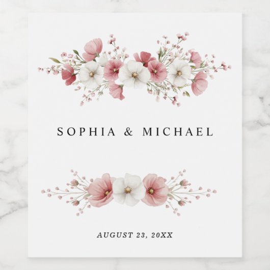 Pink Wild Flowers Wedding Wijn Etiket (Enkel label)