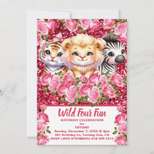Pink Wild Four Fun 4 jaar oude meisje verjaardagsf Kaart