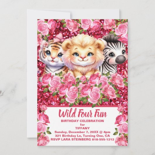 Pink Wild Four Fun 4 jaar oude meisje verjaardagsf Kaart (Voorkant)