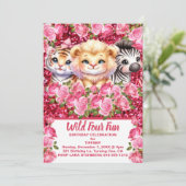 Pink Wild Four Fun 4 jaar oude meisje verjaardagsf Kaart (Staand voorkant)