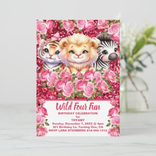 Pink Wild Four Fun 4 jaar oude meisje verjaardagsf Kaart (Staand voorkant)
