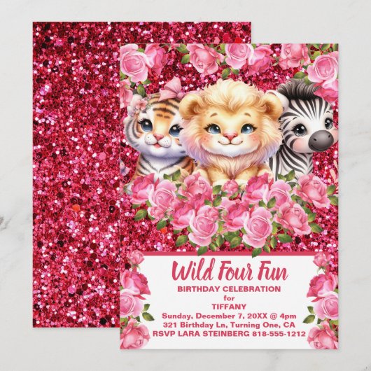 Pink Wild Four Fun 4 jaar oude meisje verjaardagsf Kaart (Voorkant / Achterkant)
